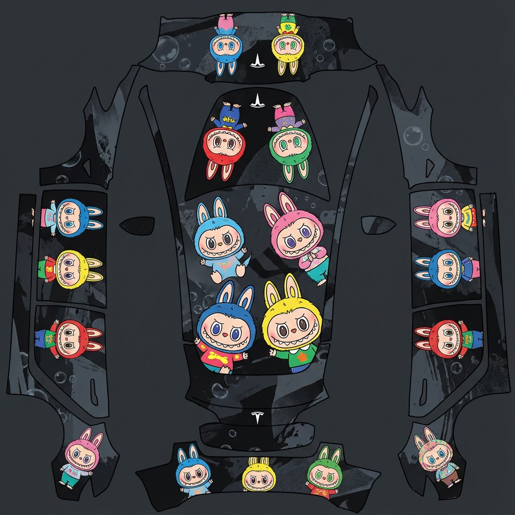 AI Design - 创建一个以泡泡玛特拉布布系列为主的黑灰色底色，卡通人物为彩色