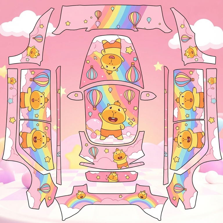 AI Design - 以图中卡通形象水豚噜噜为主体，生成动漫风格卡通车衣