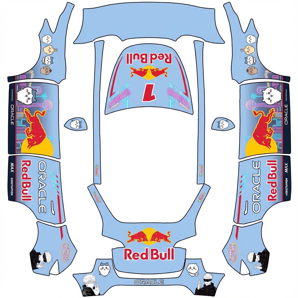 AI Design - 色调以淡蓝色为主，元素以f1红牛 rb19拉斯维加斯 维斯塔
