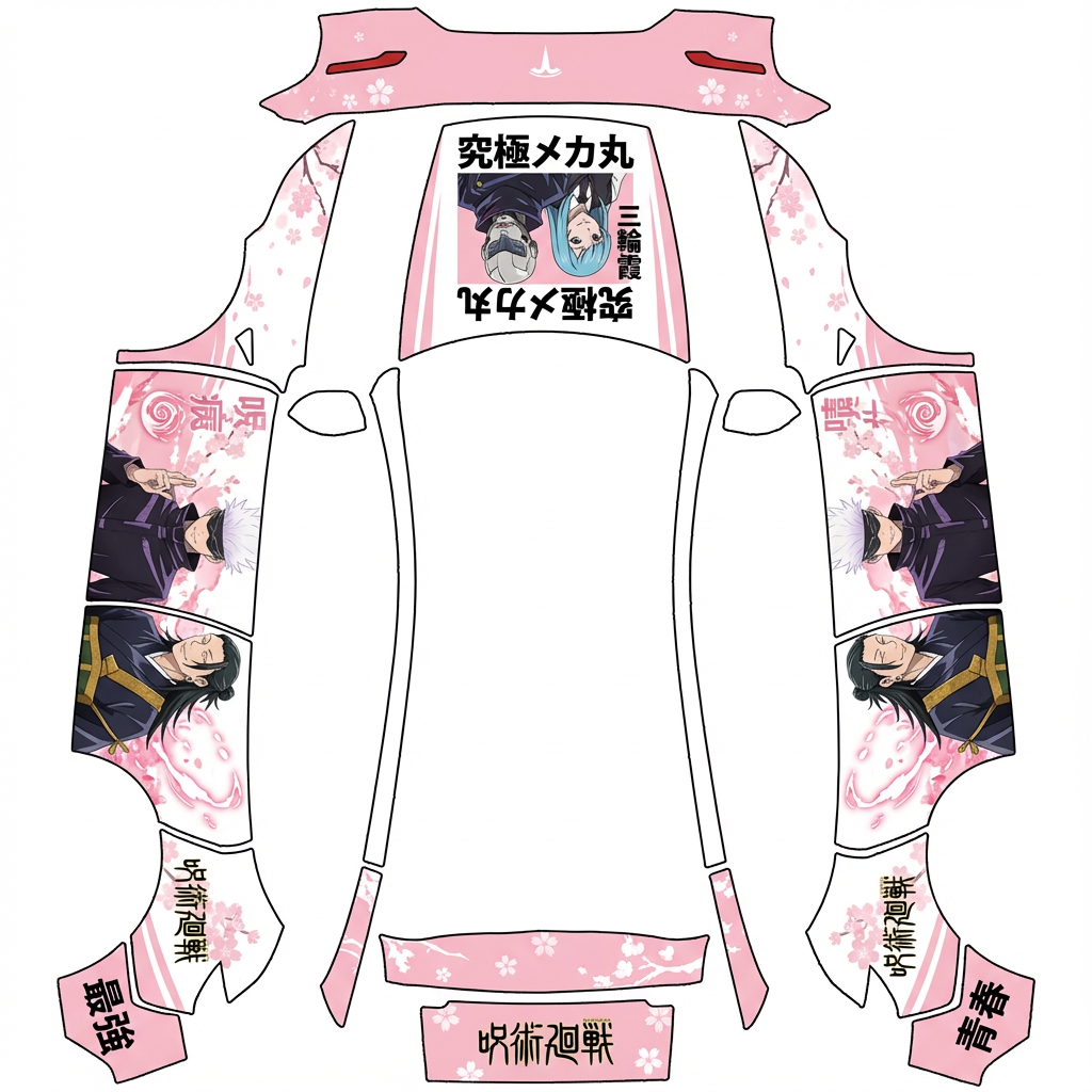 AI Design - 我需要一台咒术回战的痛车，车身白色粉色调为主，怎么好看怎么来