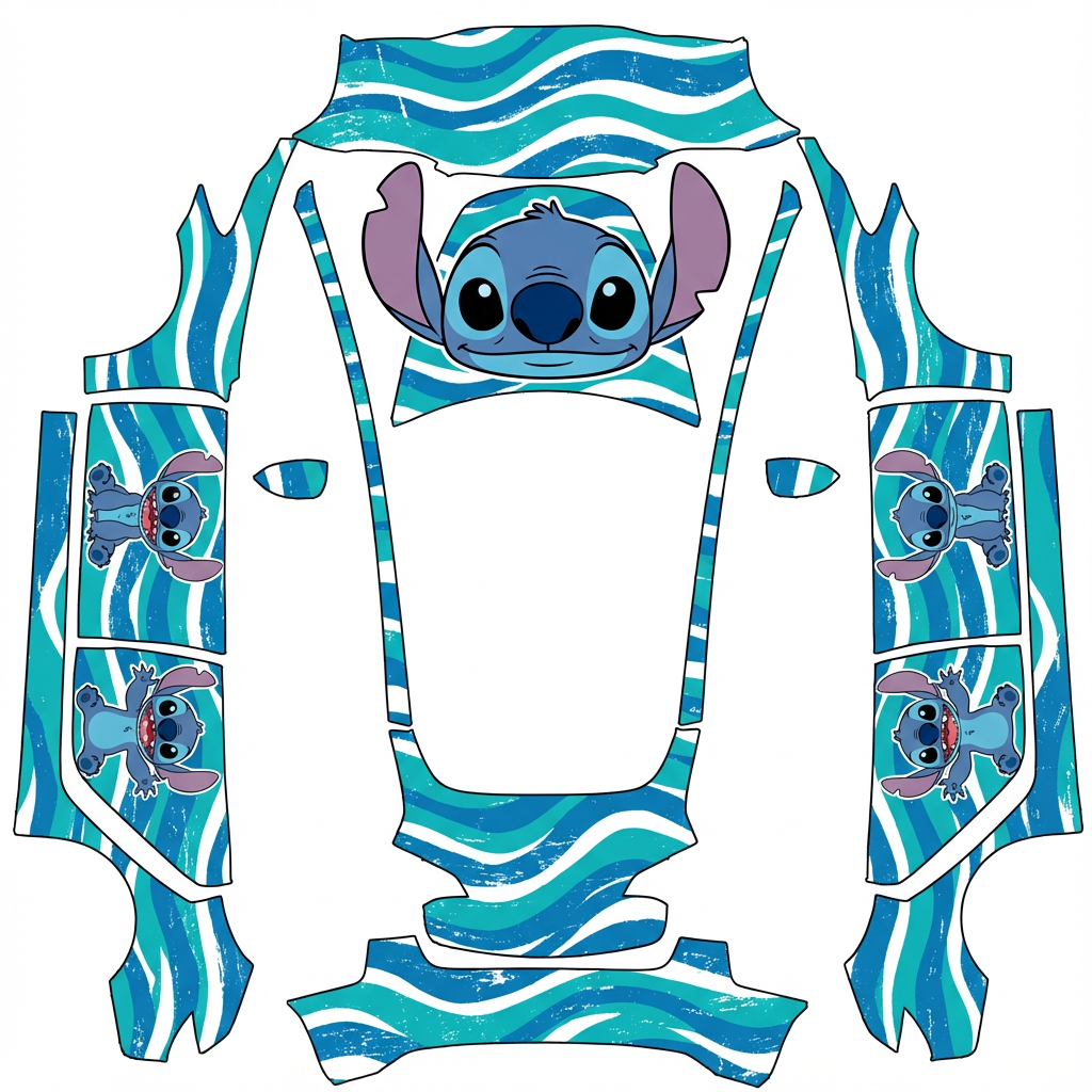 AI Design - 参照这个风格，帮我设计一个史迪仔的车衣，史迪仔的头需要在前机