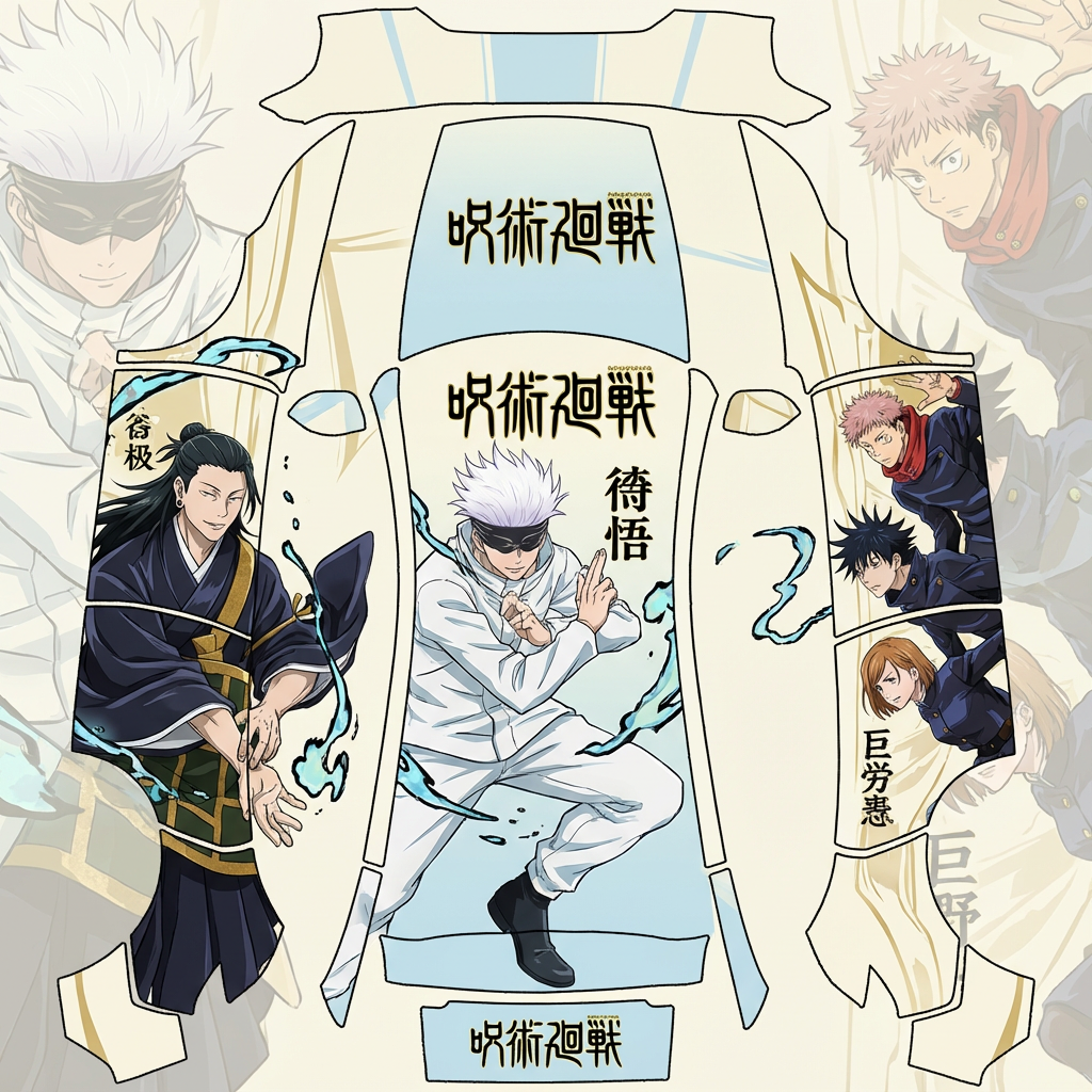 AI Design - 我需要一台咒术回战的痛车，车身浅色调为主，可以适当配有文字等