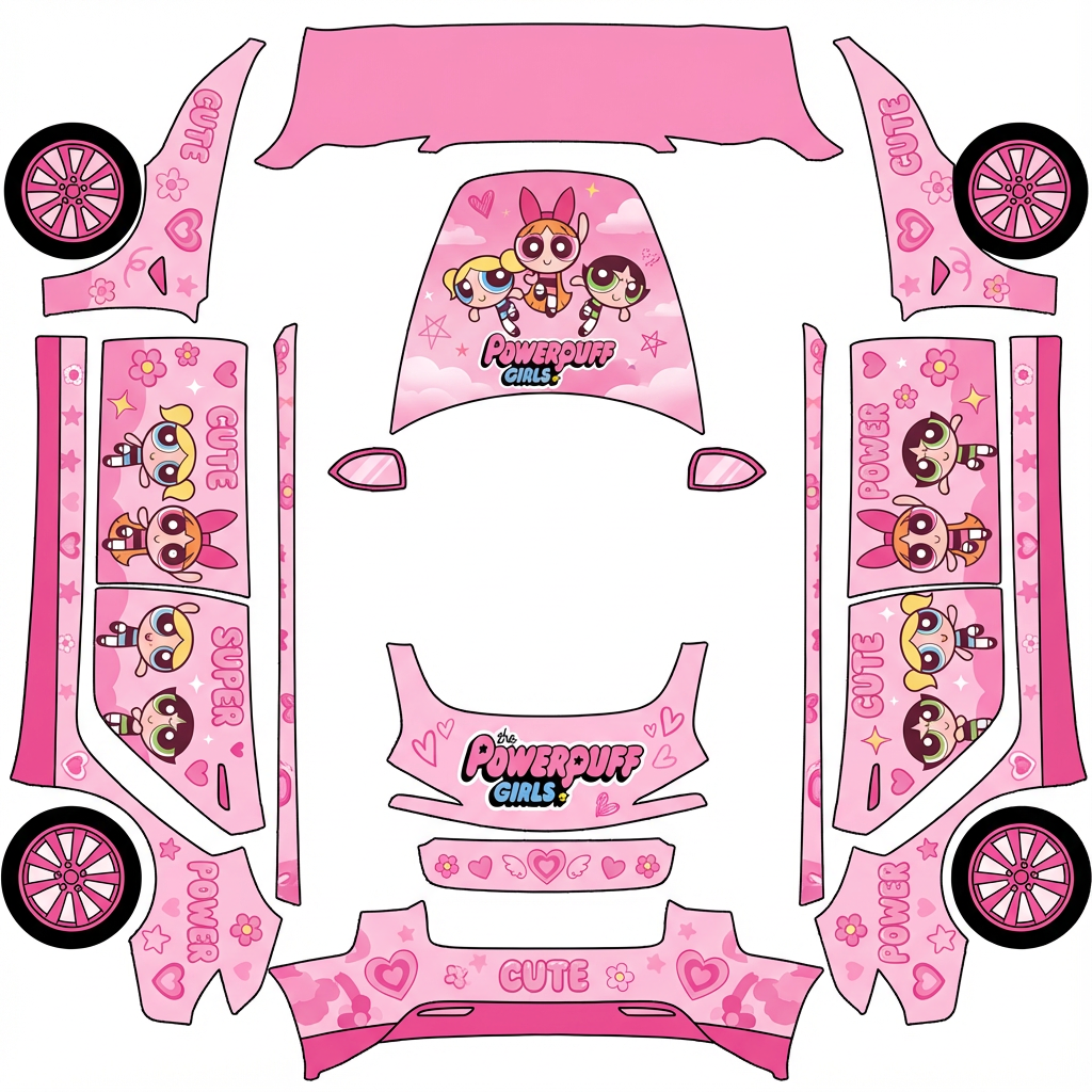 AI Design - 飞天小女警,粉丝为主色调，可爱风。