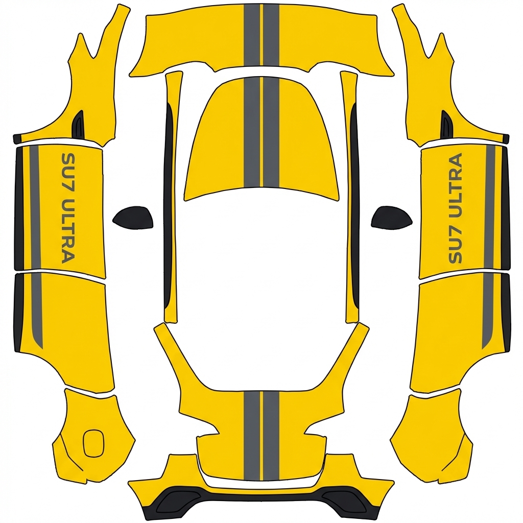 AI Design - 参考图中汽车的外观图案，并且在模板图两侧的车门上绘制"su7