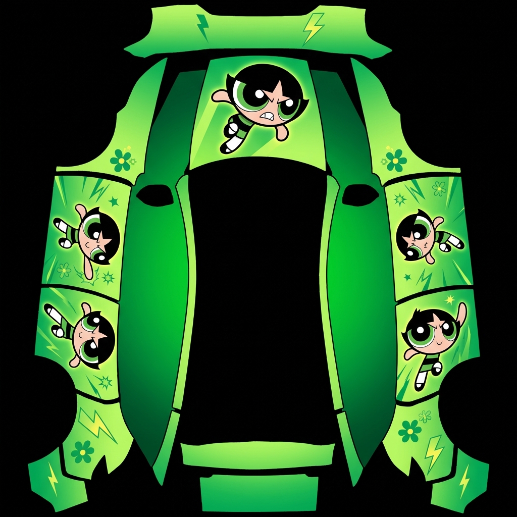 AI Design - 底色是渐变绿色，主要元素是《飞天小女警》中的毛毛