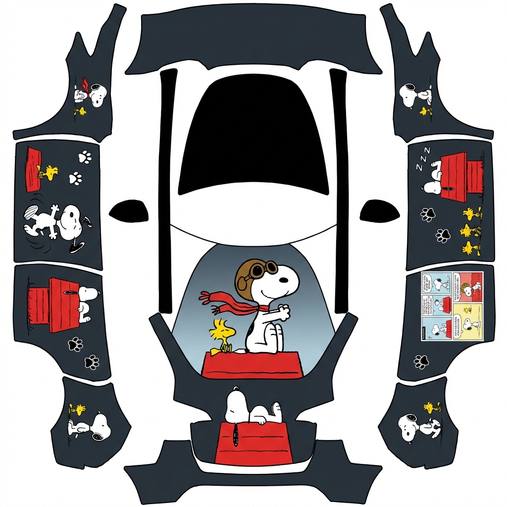 AI Design - 帮我设计史努比元素，车顶是黑色的，车身背景是深灰色的