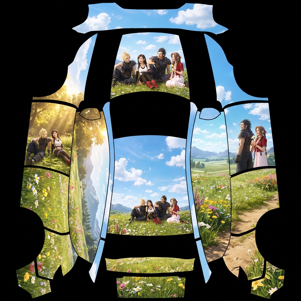 AI Design - 最终幻想7重制版主人公克劳德，蒂法，扎克斯，爱丽丝在美丽的草