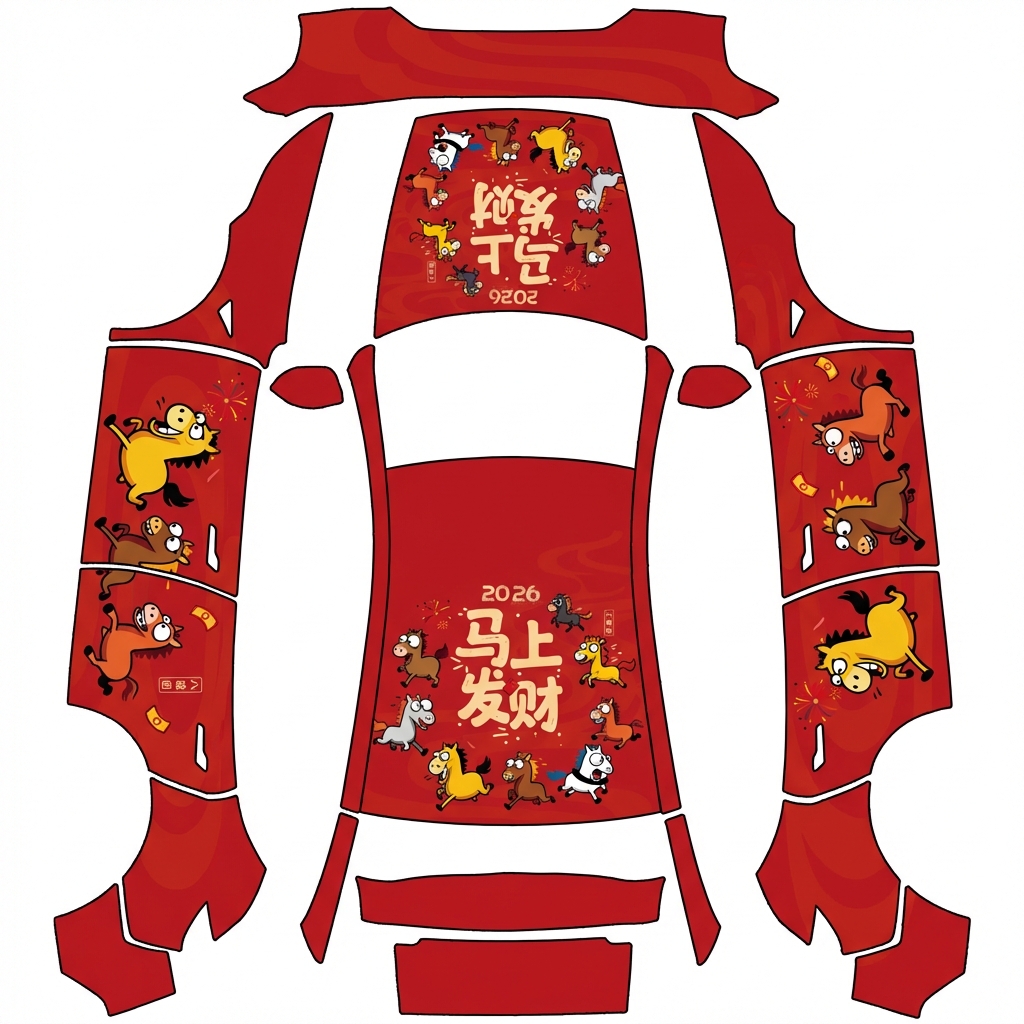 AI Design - 参考这个图片，绘制马年春节主题，全车颜色都涂上参考图片颜色。