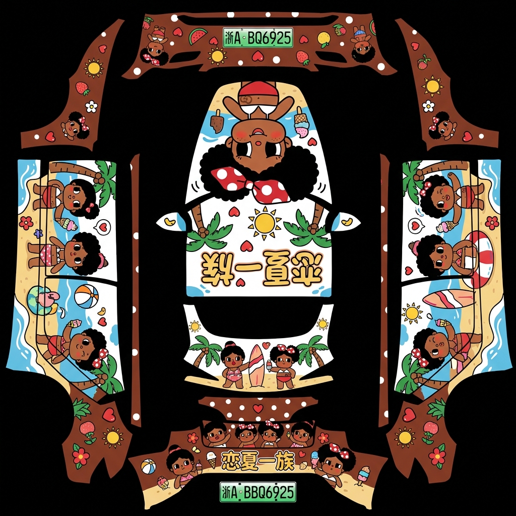 AI Design - 恋夏一族，可丰富卡通内容，使得画面卡通人物完整性且不分割，图