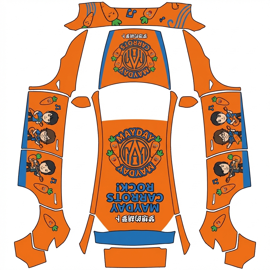 AI Design - 生成五月天主题的痛车，有胡萝卜为主题，参考图片中的两张