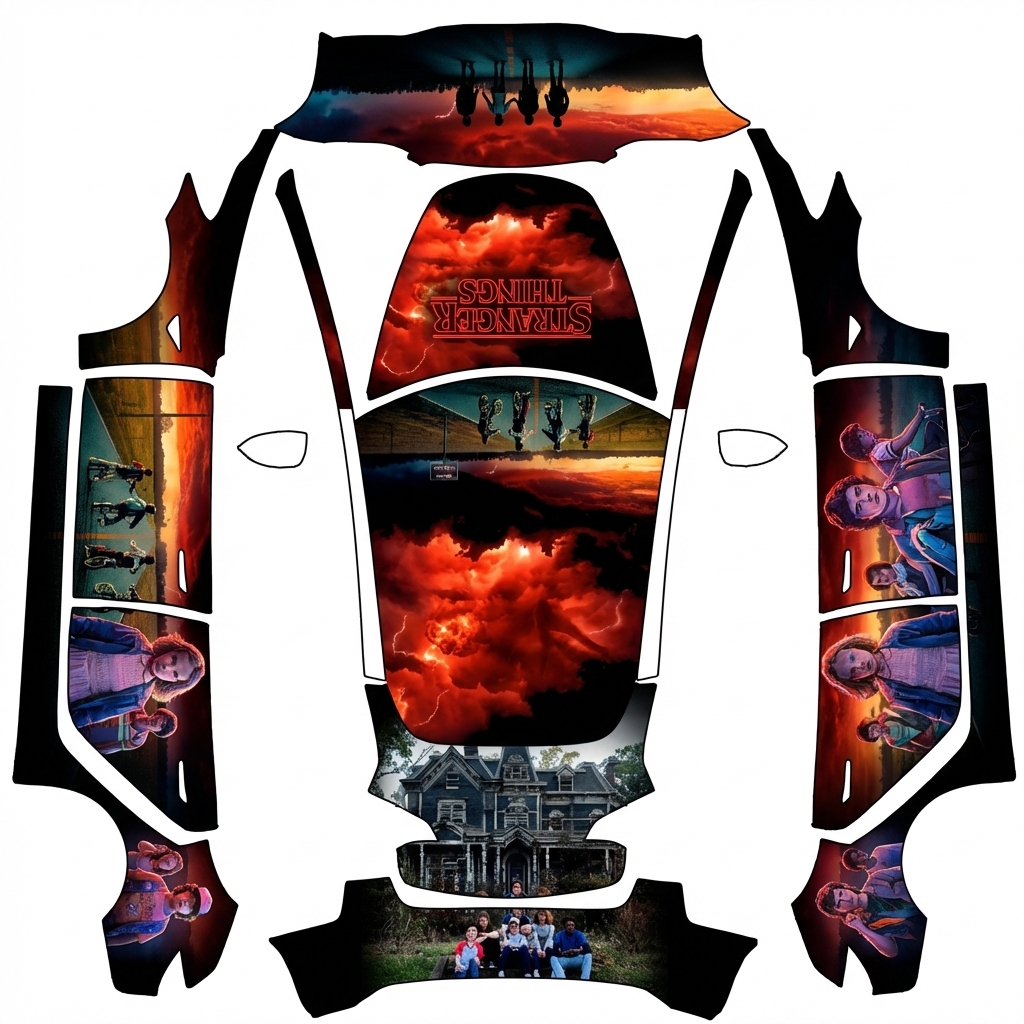 AI Design - 我需要一套美剧《怪奇物语》款式的车衣，可以部分参考这张图片里