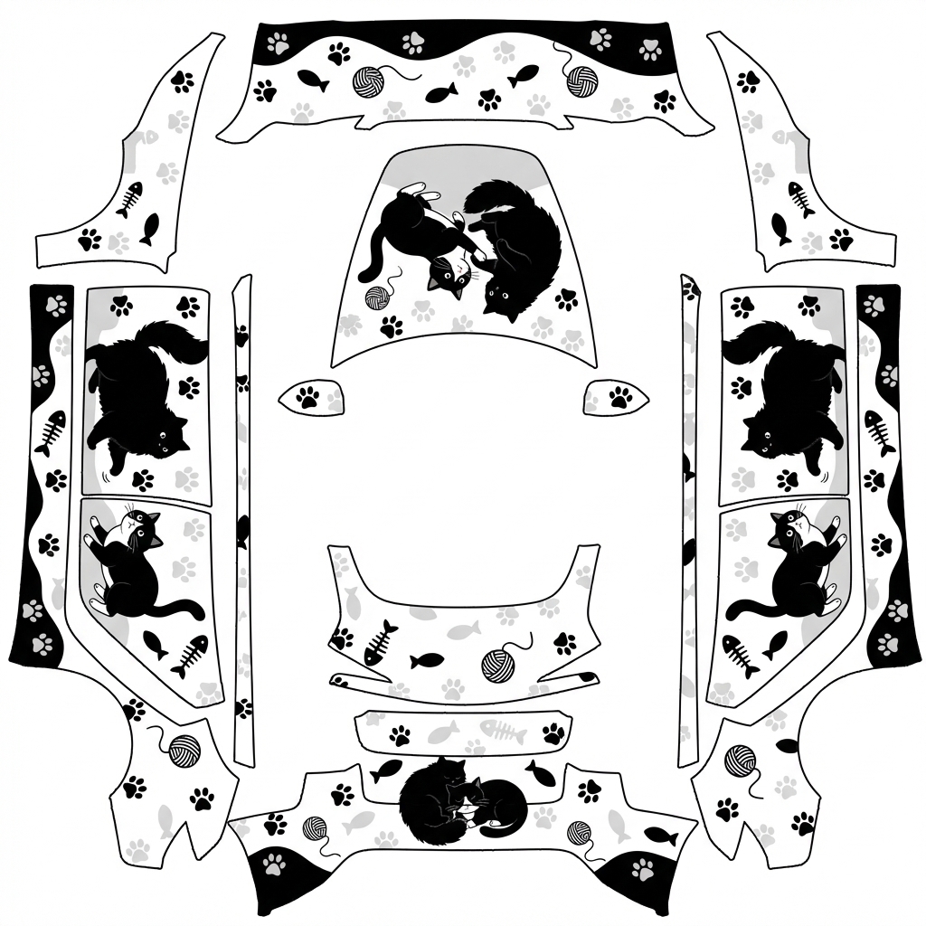 AI Design - 帮我生成一个包含两只猫的，一只是纯黑猫，一直是奶牛猫，卡通风