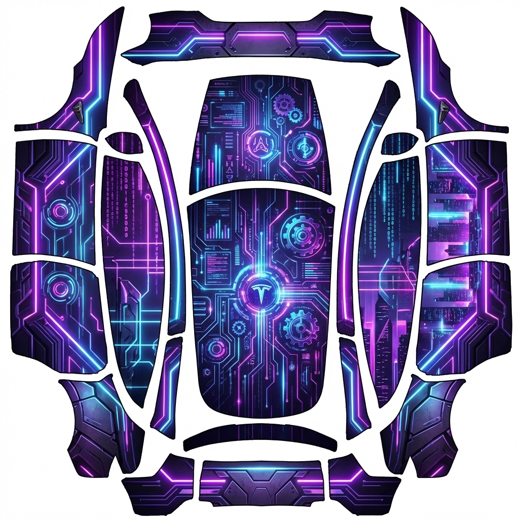 AI Design - 整车以赛博朋克元素为主，呈献紫蓝灯管效果，图案以未来高科技画