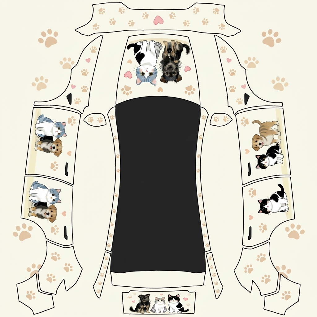 AI Design - 根据参考图的图案的猫狗，设计一下每个面放什么图案比较好，卡通