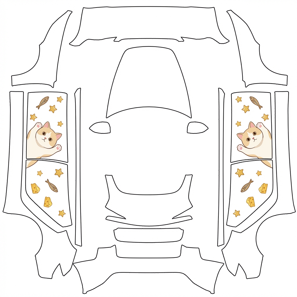 AI Design - 以该图片生成一个小猫的车衣皮肤，底色为白色，后排车门两侧有小