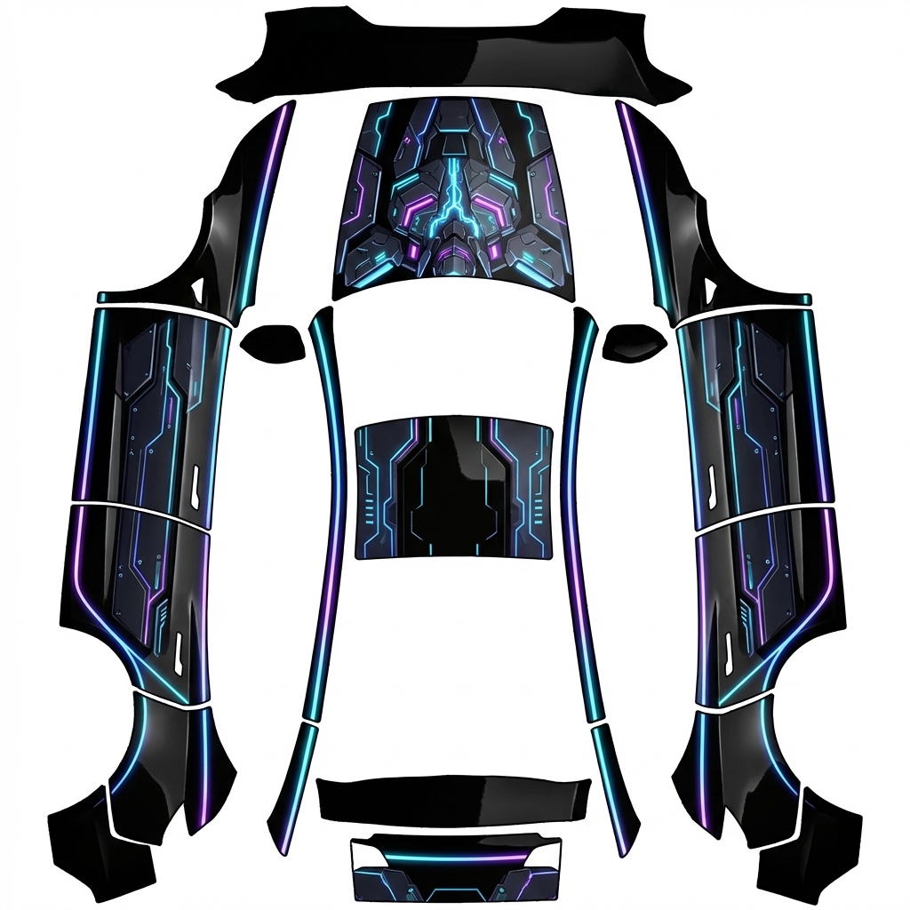 AI Design - 黑暗纯黑风格 车漆为亮色系。要一点赛博朋克的霓虹灯带元素。可