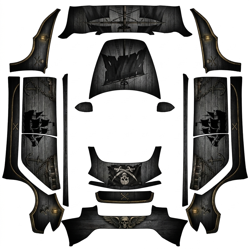 AI Design - 参考加勒比海盗中的黑珍珠号，帮我进行设计1. 设计为可平铺的