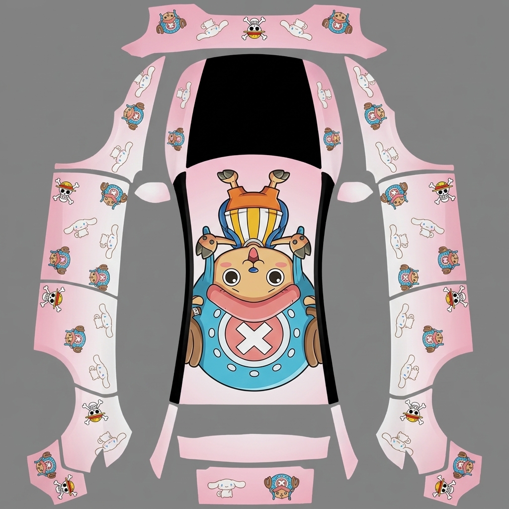 AI Design - 特斯拉Model 3汽车车衣效果图，车头中心是海贼王托尼托尼