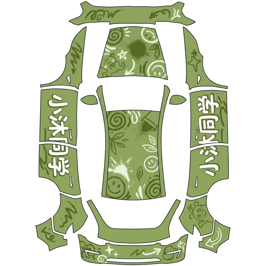 AI Design - 车身涂装为抹茶绿，车身侧面有（小沐同学）四个汉字。其他地方在