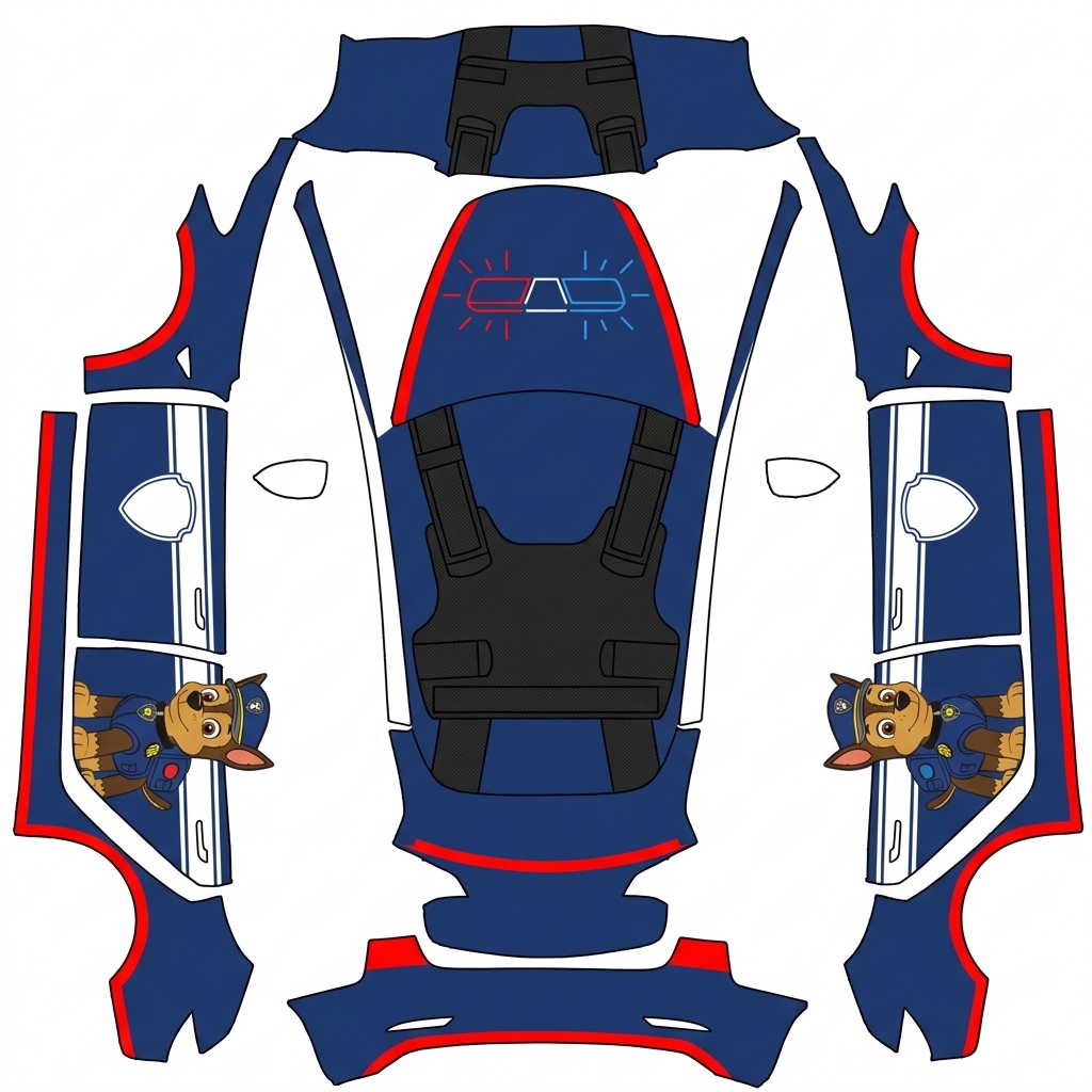 AI Design - 全车哑光深蓝色车衣，汪汪队阿奇主题彩绘，白色警徽条纹，黑色警