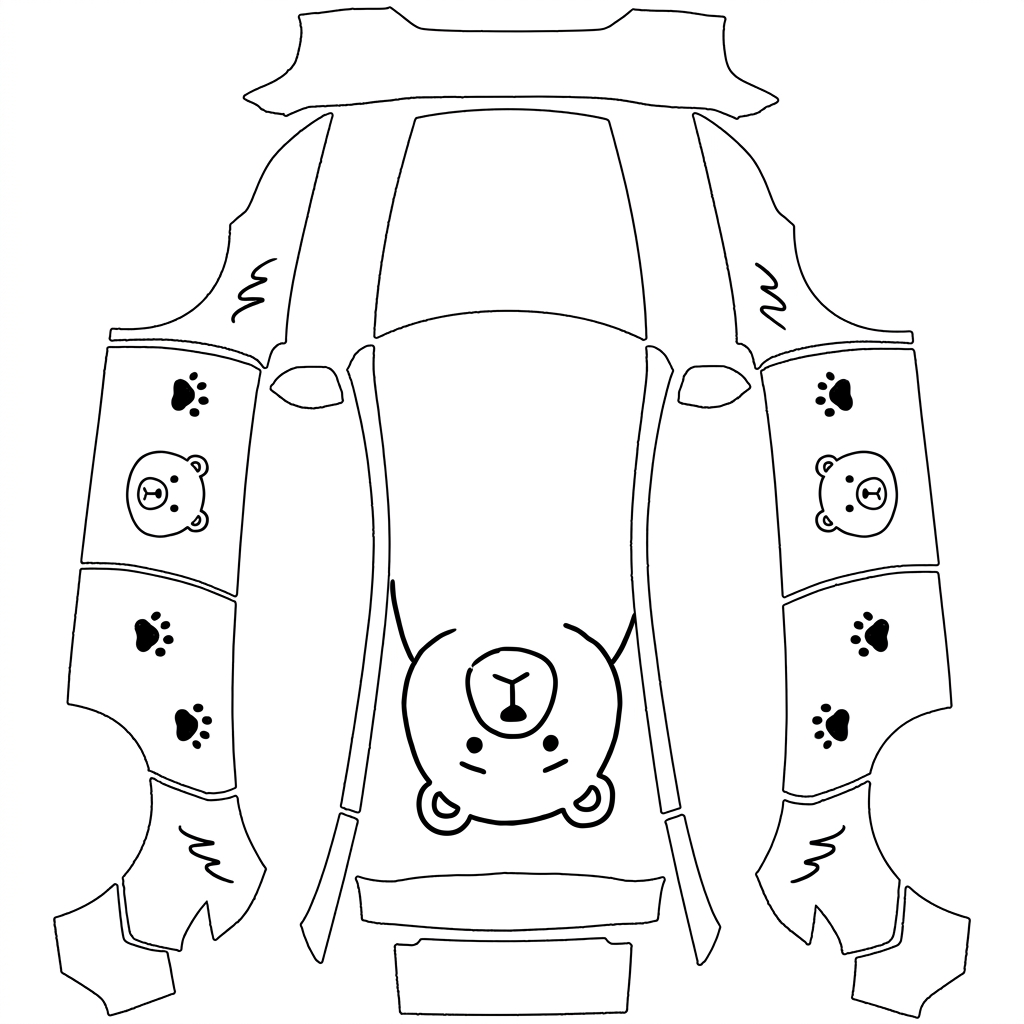 AI Design - 帮我生成一个自嘲熊主题的皮肤，要简约一些，前备箱上要有自嘲熊