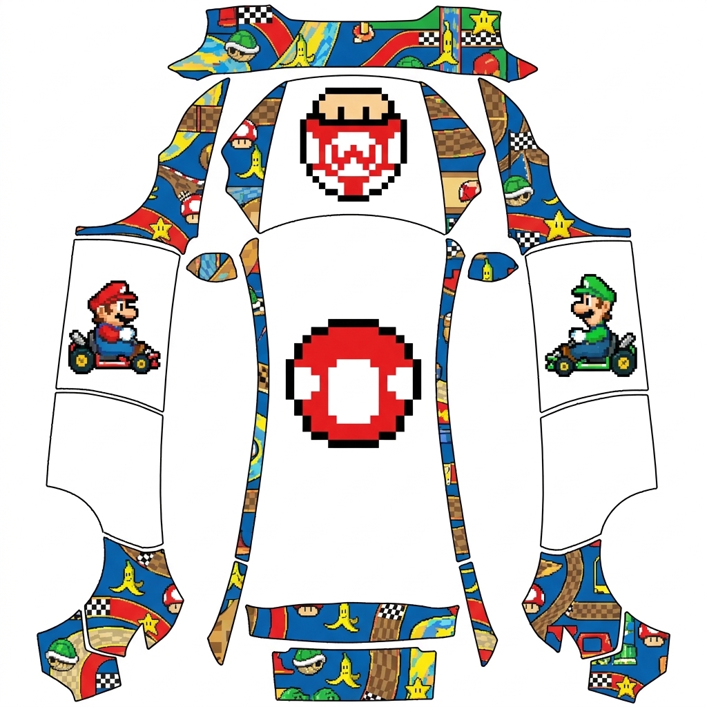 AI Design - 马里奥赛车风格，左侧门板是马里奥，右侧门板是路易吉，机盖为马