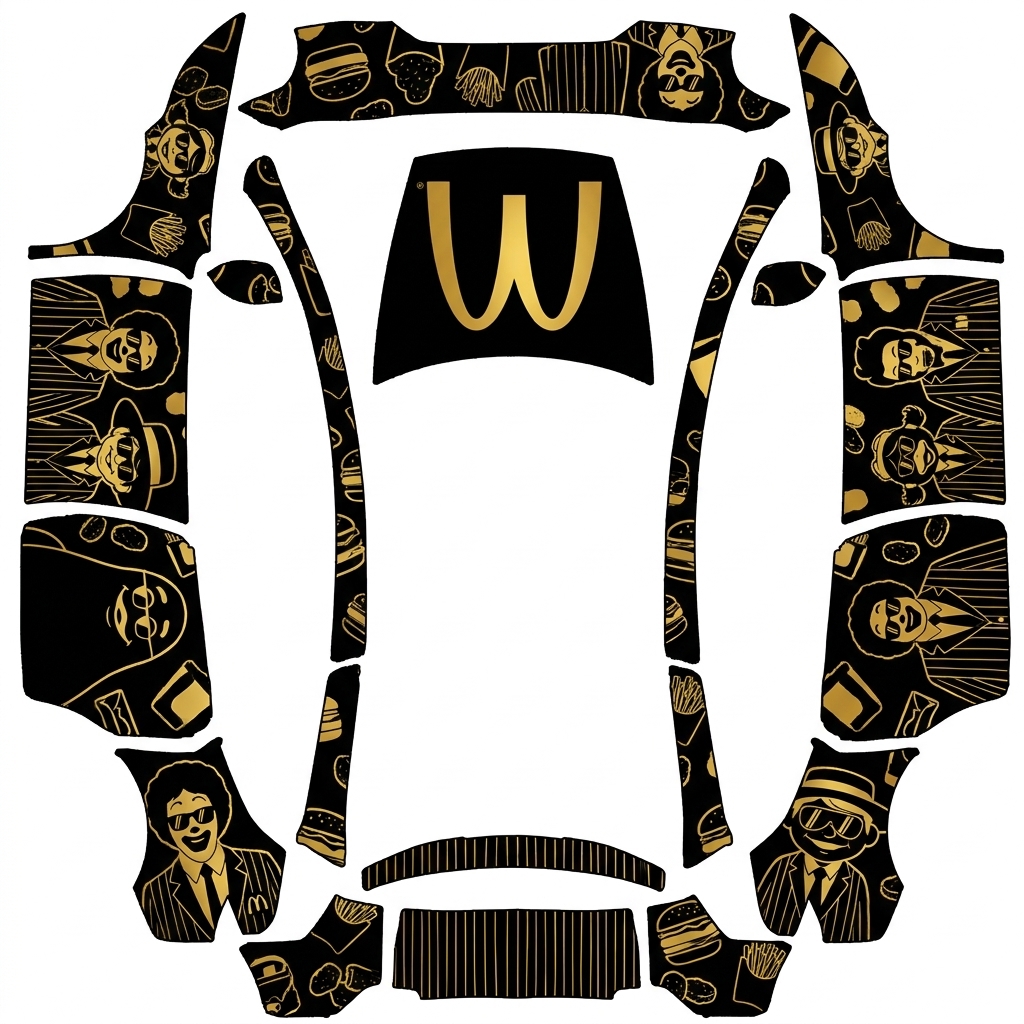 AI Design - 黑金麦当劳风格的车皮肤，前备箱上是黑金麦当劳大logo，车身