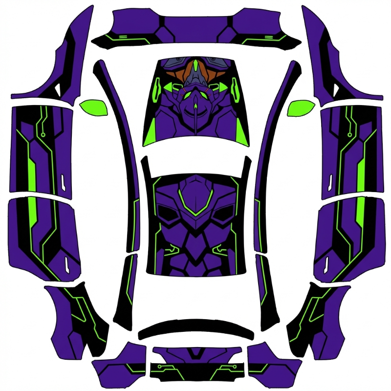 AI Design - 参考配色是EVA的式样，主题是黑紫绿配色，反光镜等用荧光绿点