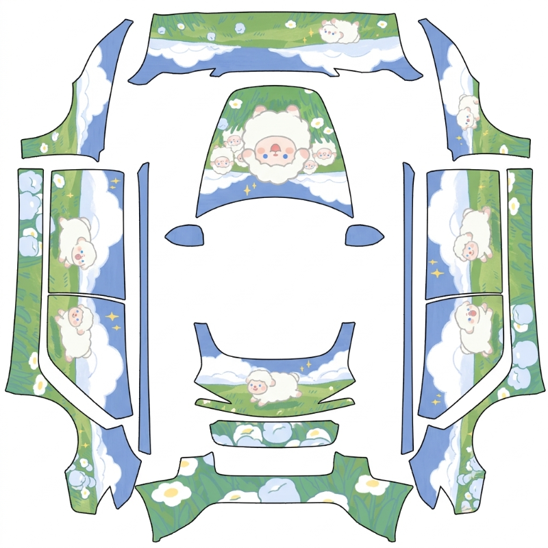 AI Design - 可爱的小羊，在绿色草原奔跑，是自由开心幸福的，可以是一群白色