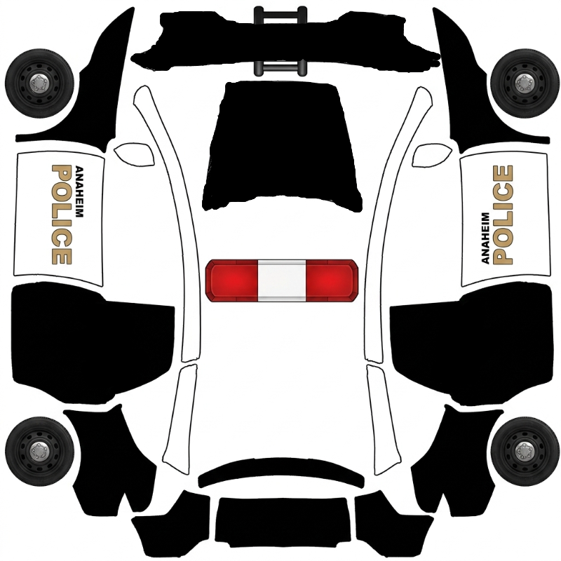 AI Design - 特斯拉车皮，1:1高度复刻参考图警车涂装，所有细节必须与参考